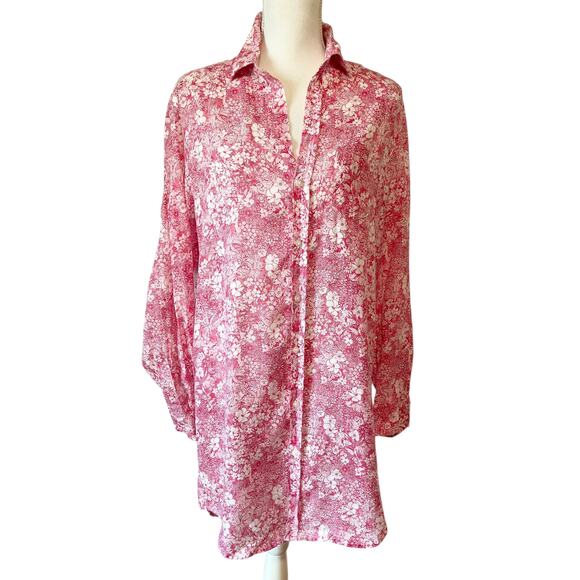 Frank & Eileen Mary Dress Shirtdress Linen Pink Floral Hibiscus Size S - Picture 2 of 7